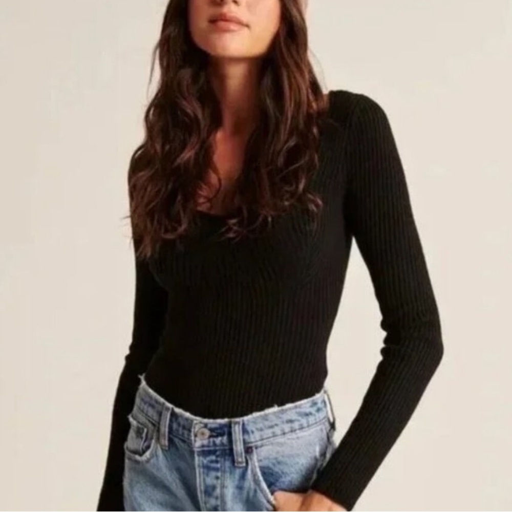 Abercrombie & Fitch Bodysuit -black ribbed long sleeve round neck